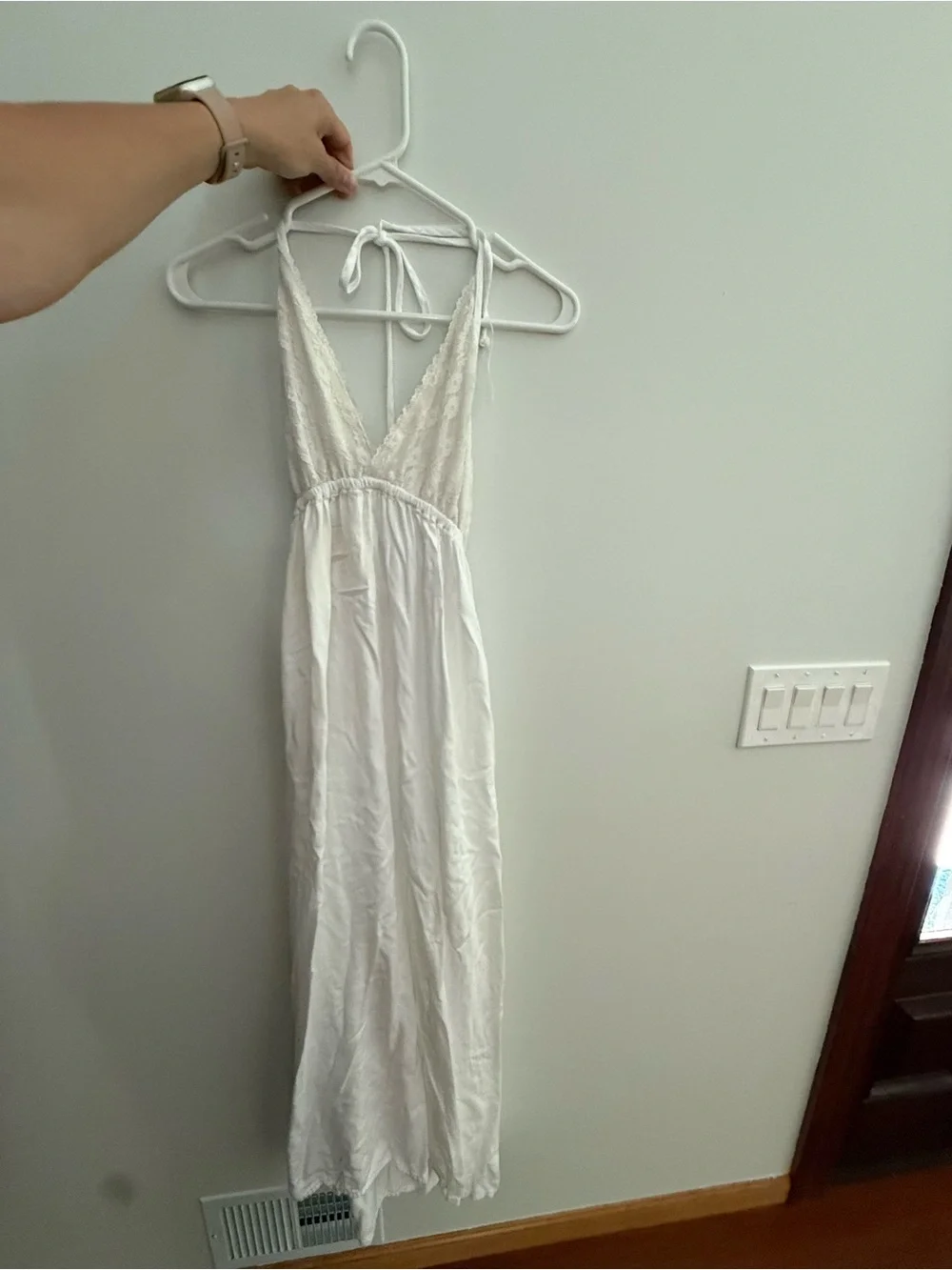 White Lace-Trim Halter Maxi Dress